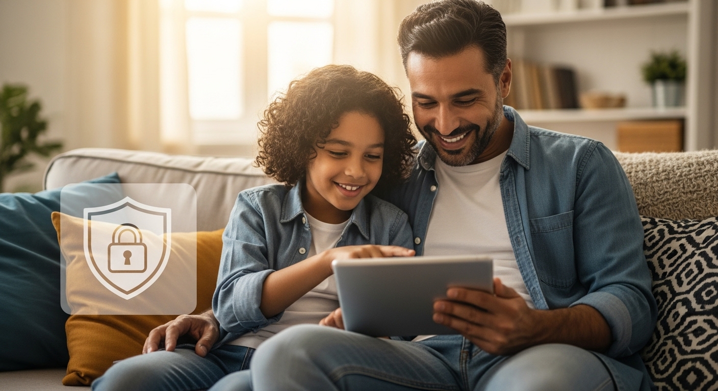 Father and daughter using tablet