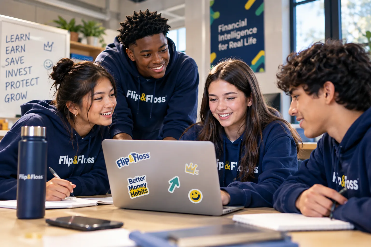 Four Flip & Floss students working together around a laptop, with a whiteboard reading Learn, Earn, Save, Invest, Protect, Grow.