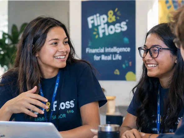A Flip & Floss Ambassador leading a discussion with classmates, a Financial Intelligence for Real Life poster behind them.